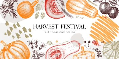 Sketched pumpkins collage in color. Thanksgiving background with autumn plants and fruit drawings. Vector vegetables, butternut squash, marrow, pumpkin sketches. Fall harvest banner